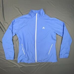 Adidas Women's Full Zip Running Jacket Large Blue Windbreaker 3 Stripes